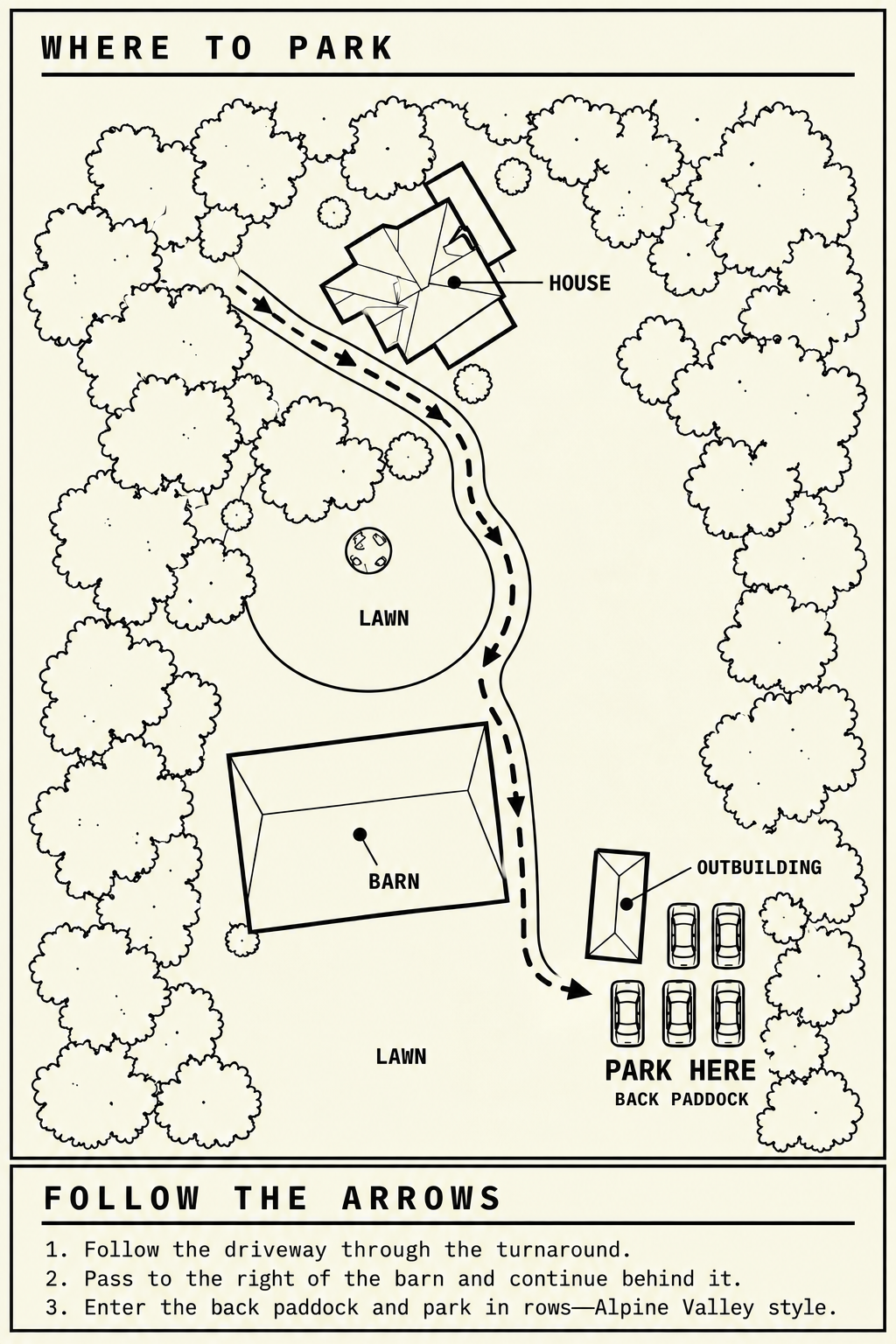 Parking map: follow the driveway through the turnaround, pass to the right of the barn and continue behind it, then park in rows in the back paddock.